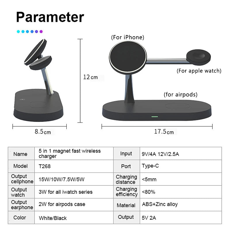 Cargador inalámbrico 3 en 1 compatible con iPhone, AirPods y Apple watch